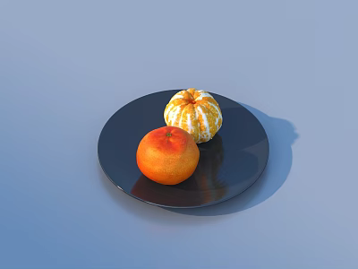 Fresh Citrus Fruits Orange And Striped Tangerine On Black Plate Against Light Blue Background 3d model