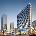Modern Urban High Rise Buildings Featuring Colorful Glass Facade And Street Vehicles Trees