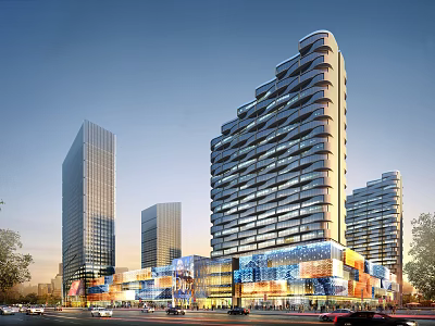 Modern Urban High Rise Buildings Featuring Colorful Glass Facade And Street Vehicles Trees 3d model