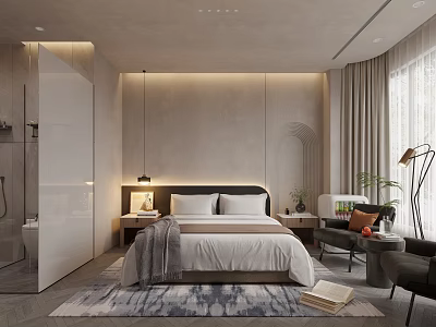 Modern Bedroom Interior Design With Large Bed Light Gray Walls Area Rug And Floor Lamp 3d model