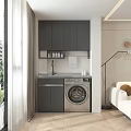 Home Balcony Interior With Dark Gray Cabinets Washing Machine Faucet Sink And Curtains