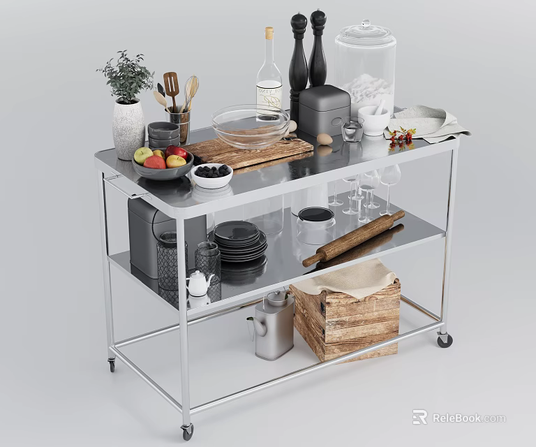 Stainless Steel Kitchen Cart Featuring Kitchenware Fruit Knives Glass Jars Plates Rolling Pin And Basket 3d model 