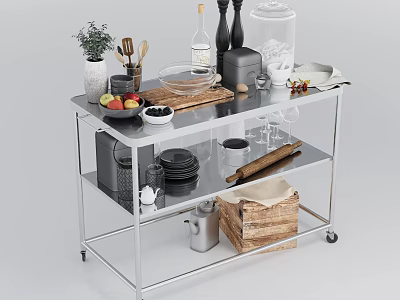 Stainless Steel Kitchen Cart Featuring Kitchenware Fruit Knives Glass Jars Plates Rolling Pin And Basket 3d model