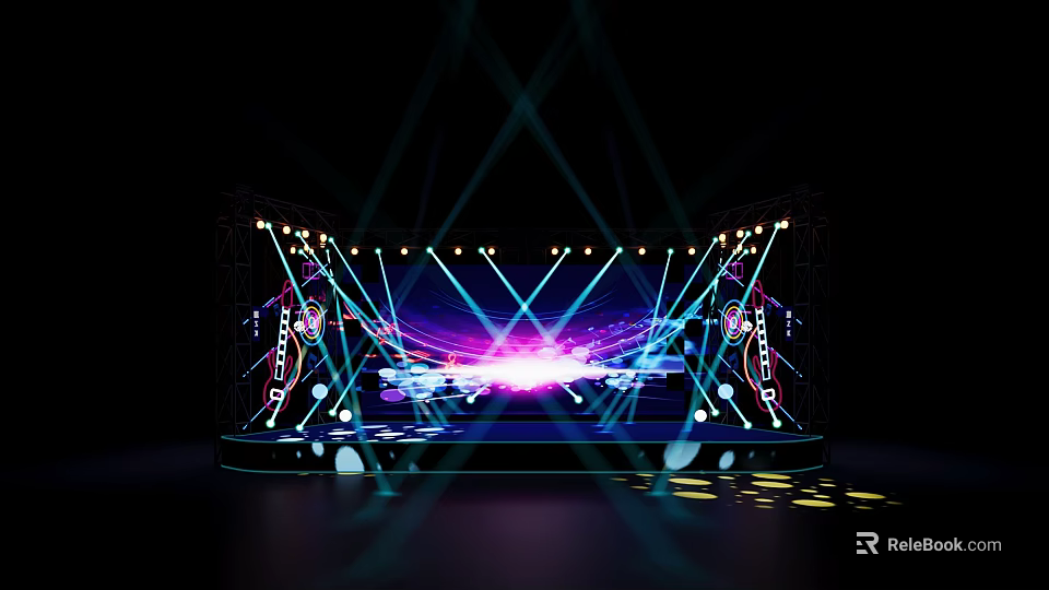 Stage Truss Lighting System With Purple Blue Light Effects And Backdrop 3d model 