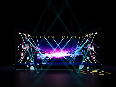 Stage Truss Lighting System With Purple Blue Light Effects And Backdrop 3d model