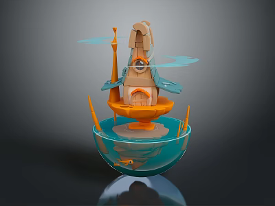 Floating Miniature Building Structure With Orange Base Transparent Blue Sphere Water And Small Fish 3d model