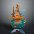 Floating Miniature Building Structure With Orange Base Transparent Blue Sphere Water And Small Fish