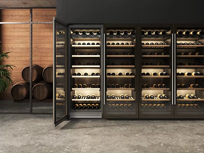 Modern Metal Frame Wine Cabinet With Glass Doors And Wine Bottles On Wooden Wall Background 3d model