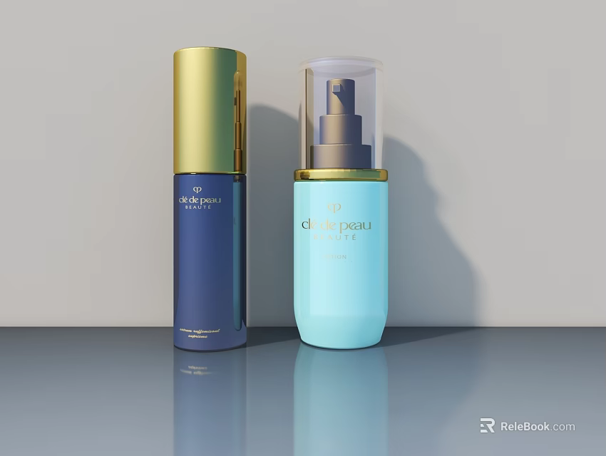 CLEAR SKIN Skincare Bottles With Gold Cap And Transparent Sprayer Design 3d model 
