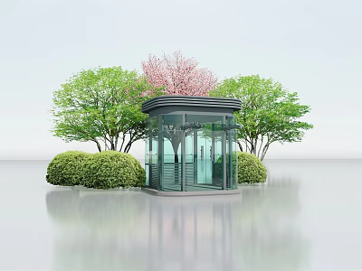 Modern Glass Kiosk Surrounded by Green Trees and Pink Flowering Bushes 3d model