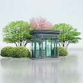 Modern Glass Kiosk Surrounded by Green Trees and Pink Flowering Bushes