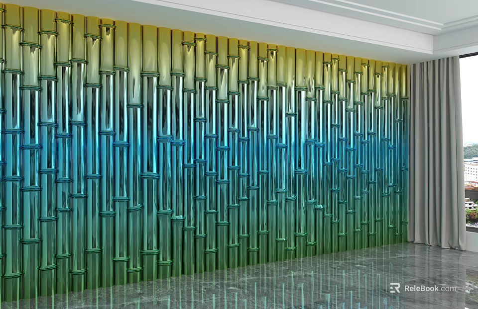 Modern Feature Wall with Vertical Stripes and Gradient Yellow Green Blue Glossy Finish 3d model 