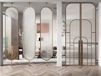 Modern Glass Room Dividers With Gold Frame And Geometric Patterns In Interior Space 3d model