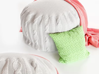 Gray Knitted Stool With Pink Blanket And Green Pillow For Home Decor 3d model