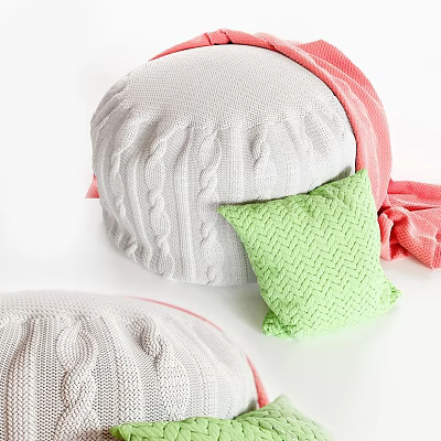 Gray Knitted Stool With Pink Blanket And Green Pillow For Home Decor 3d model