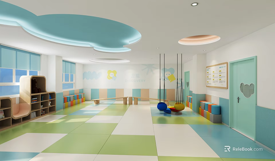 Bright Children's Rehabilitation Center Interior With Colorful Floor Swings And Building Blocks 3d model 