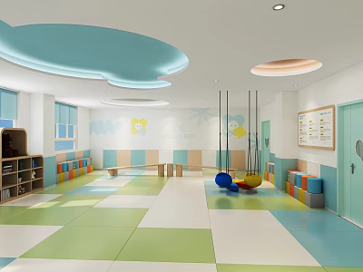 Bright Children's Rehabilitation Center Interior With Colorful Floor Swings And Building Blocks 3d model