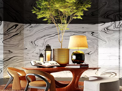 Elegant Modern Chair and Table Set with Marble Wall Green Plant Table Lamp and Books 3d model