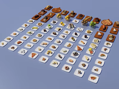 Assorted Food Samples Including Pastries Cakes Pizza And Sushi On White Plates 3d model