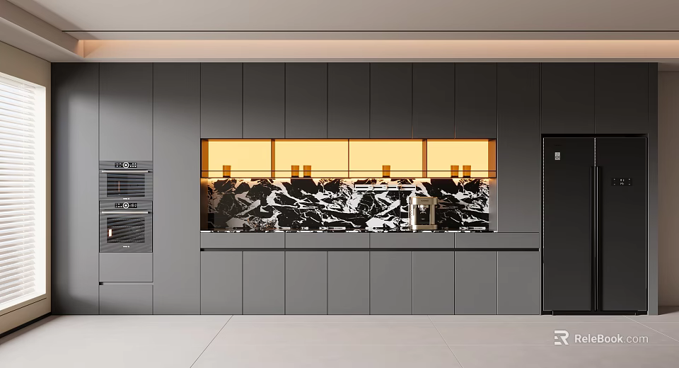 Modern Kitchen Gray Cabinets Featuring Illuminated Wine Cabinet With Decorative 3d model