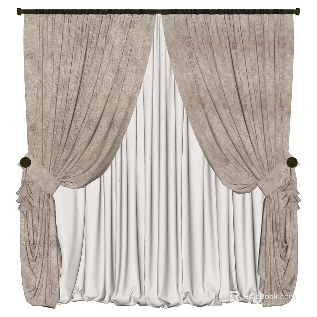 Elegant Layered Textured Curtains With Beige Drapes Tied And White Sheer Panels 3d model 