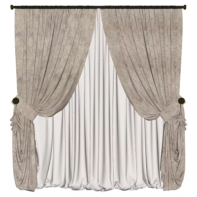 Elegant Layered Textured Curtains With Beige Drapes Tied And White Sheer Panels 3d model