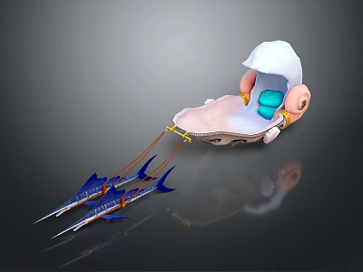 Fantasy Shell Shaped Vehicle With Blue Interior And Yellow Details Pulled By Fish Creatures 3d model