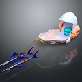 Fantasy Shell Shaped Vehicle With Blue Interior And Yellow Details Pulled By Fish Creatures