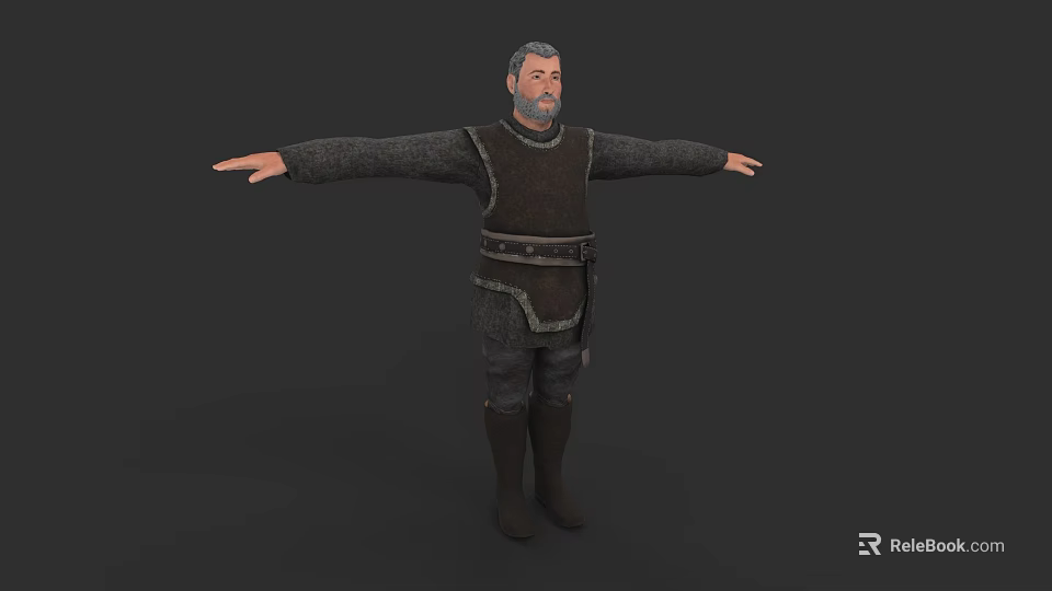 Medieval Game Character Male With Beard Leather Armor Long Sleeve Tunic Boots Standing Arms Outstretched 3d model 