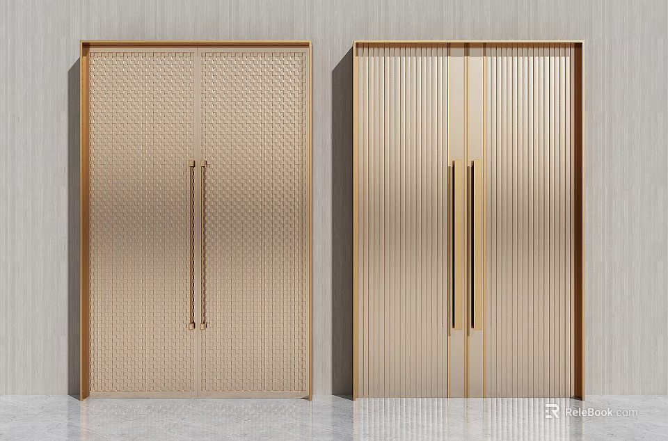 Golden Double Doors Modern Design With Textured Surfaces Diamond Pattern And Vertical Stripes Metal Handles 3d model 