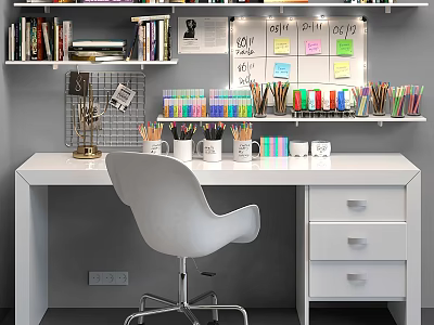 White Desk And Chair In Modern Study Workspace With Bookshelves Colored Pencils Sticky Notes 3d model