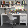 White Desk And Chair In Modern Study Workspace With Bookshelves Colored Pencils Sticky Notes