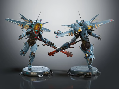 Sci-Fi Mech Characters With Winged Armor And Weapon Holding Stances On Display Bases 3d model