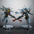Sci-Fi Mech Characters With Winged Armor And Weapon Holding Stances On Display Bases 3d model