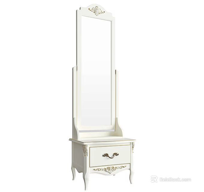 White Standing Mirror with Dressing Table Carved Details and Single Drawer Design 3d model 