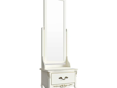 White Standing Mirror with Dressing Table Carved Details and Single Drawer Design 3d model
