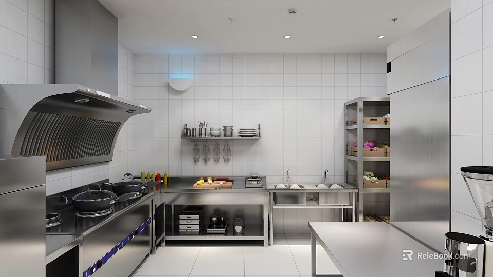 Commercial Kitchen Setup With Stainless Steel Stove Range Hood And Storage Racks 3d model 