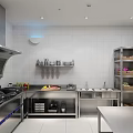 Commercial Kitchen Setup With Stainless Steel Stove Range Hood And Storage Racks