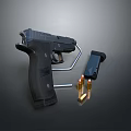 Black Handgun With Magazine Bullets And Holster On Dark Background