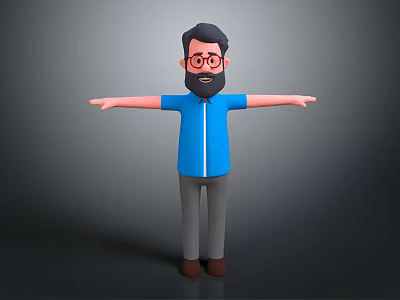 3D Cartoon Bearded Man Wearing Glasses Blue Shirt Arms Outstretched Gray Background 3d model
