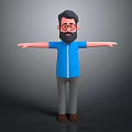 3D Cartoon Bearded Man Wearing Glasses Blue Shirt Arms Outstretched Gray Background