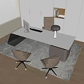 Modern Minimalist Office Desk And Chair Set With White Tabletop Brown Chairs Rug And Blinds