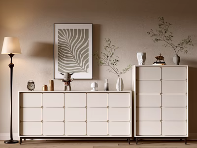 White TV Cabinets With Drawers Leaf Pattern Art Green Plants Floor Lamp And Ornaments 3d model
