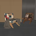 Colorful Patchwork and Patterned Lounge Chairs with Wooden Legs Blanket and Pillow
