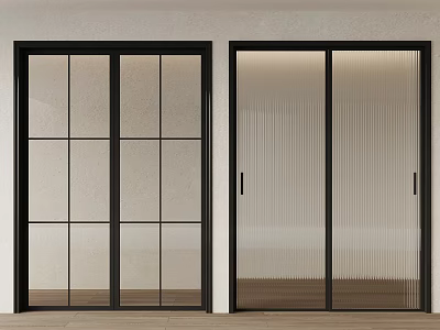 Modern Interior Double Doors With Black Frame Grid Design And Vertical Stripe Glass 3d model