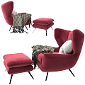 Elegant Red Velvet Ottoman Set Featuring Black Legs White Pillow And Blanket