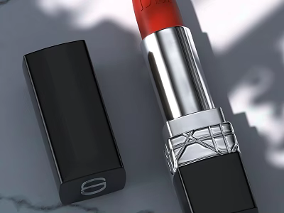 Luxury Red Lipstick with Silver Metallic Detail and Black Case Design 3d model