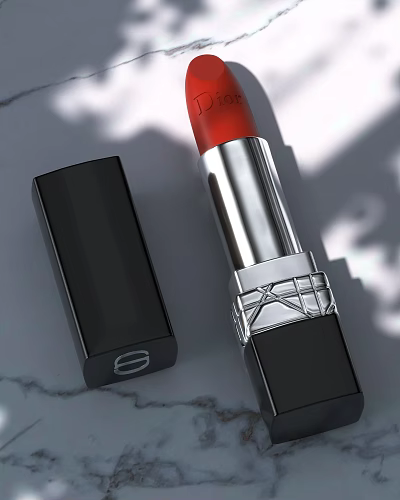 Luxury Red Lipstick with Silver Metallic Detail and Black Case Design 3d model