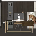Modern Office Desk with Apple Monitor Desk Lamp Wooden Wall Decorative Painting and Comfortable Chair