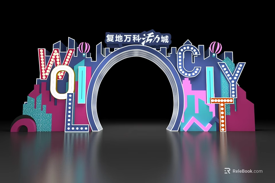 Vibrant Event Gateway With Large Letters Arch Neon Lights Pink Blue Colors And City Silhouettes 3d model 